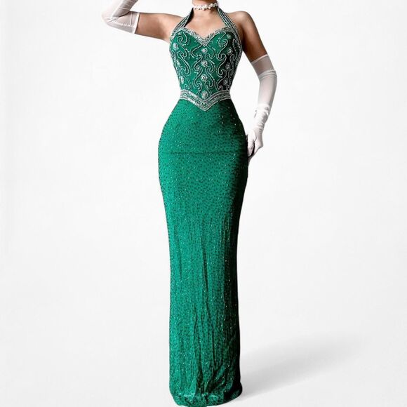Vintage Green Beaded Halter Neck Bodycon Maxi Prom Dress Size XS/S - Picture 1 of 7